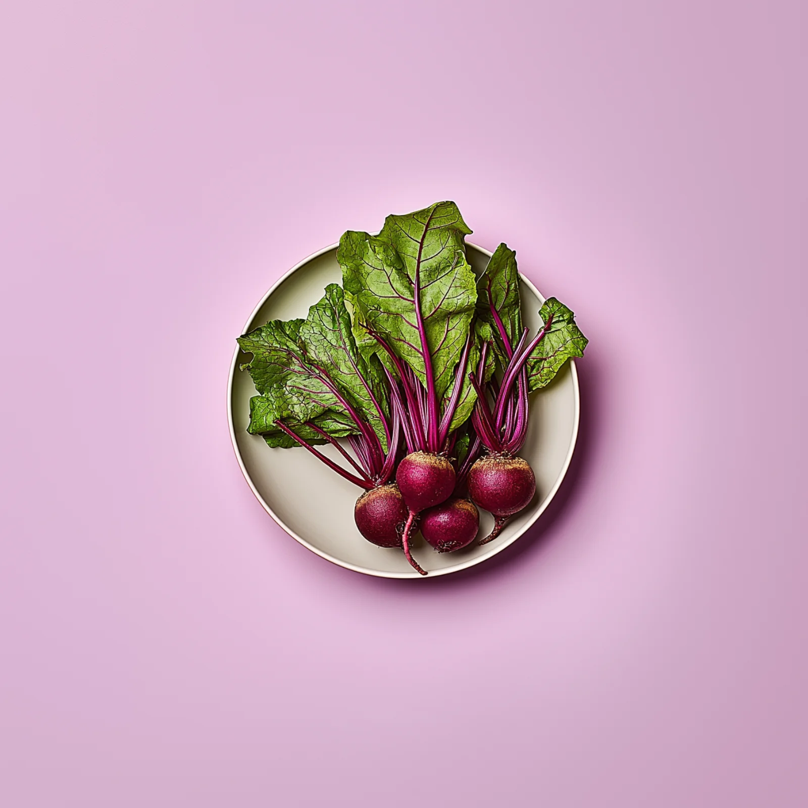 Seasonal beetroots on a plate centered on a purple backdrop