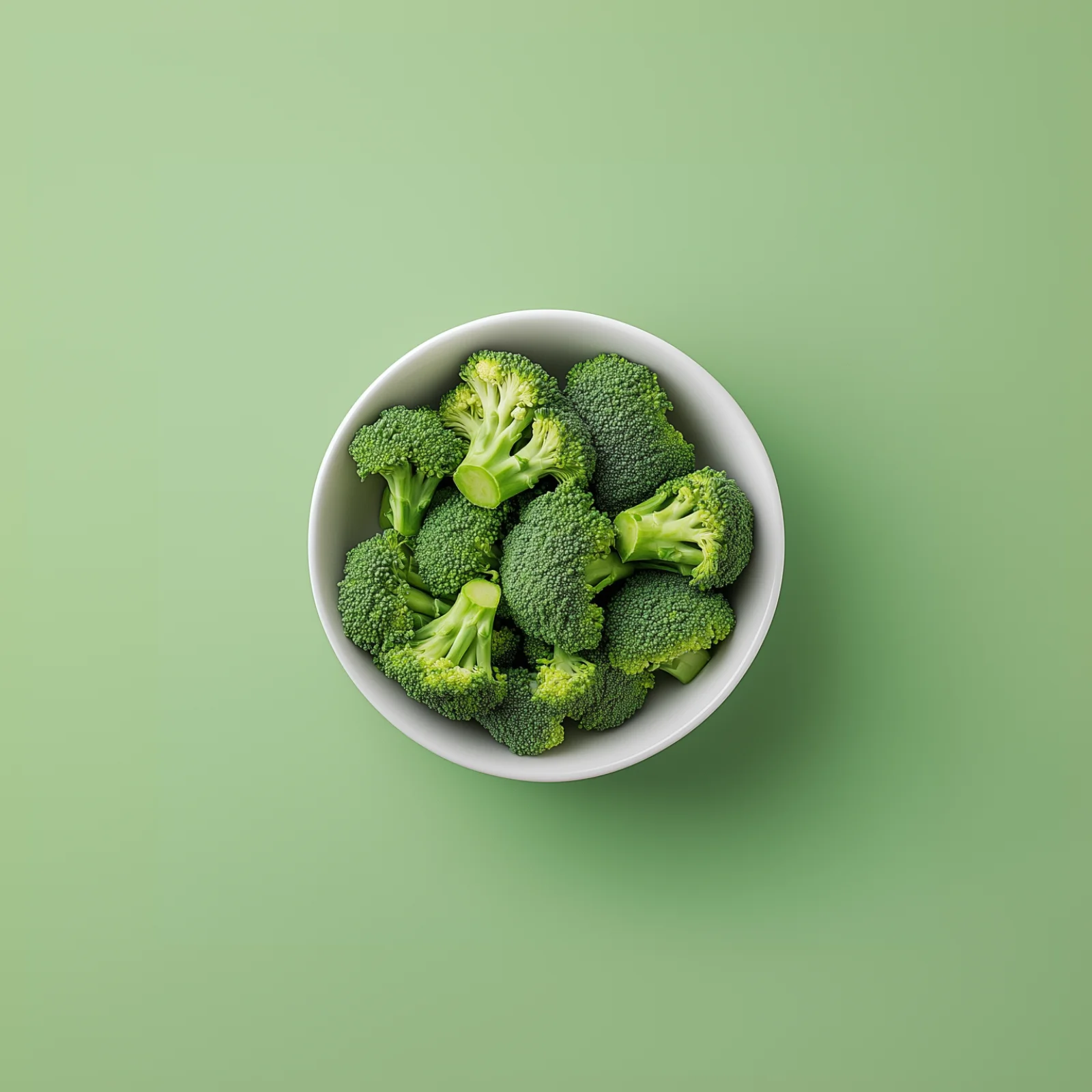 Seasonal broccoli florets in a white bowl centered on a green backdrop