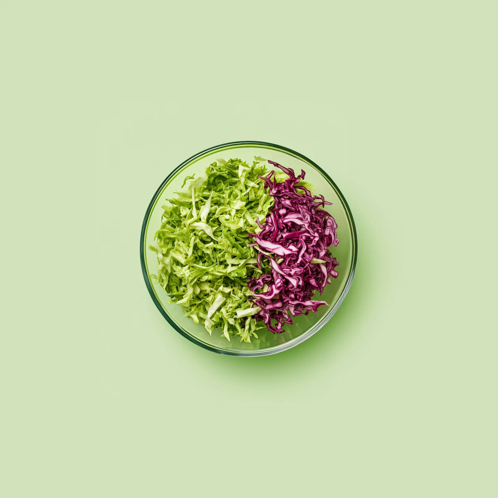 Seasonal cabbages shredded in a glass bowl centered on a green backdrop