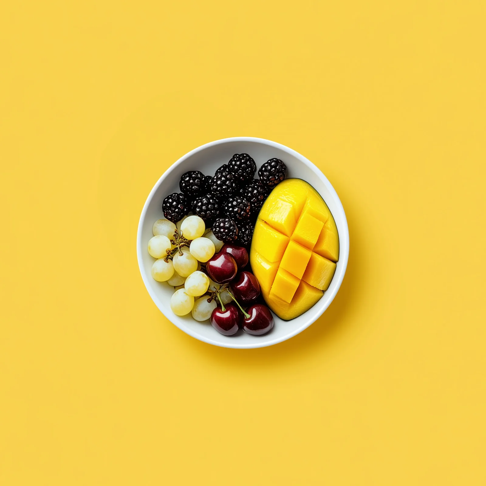 Seasonal summer fruits in a white bowl on a yellow backdrop