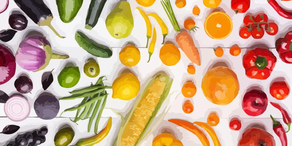 In season fruits and vegetables in rainbow pattern