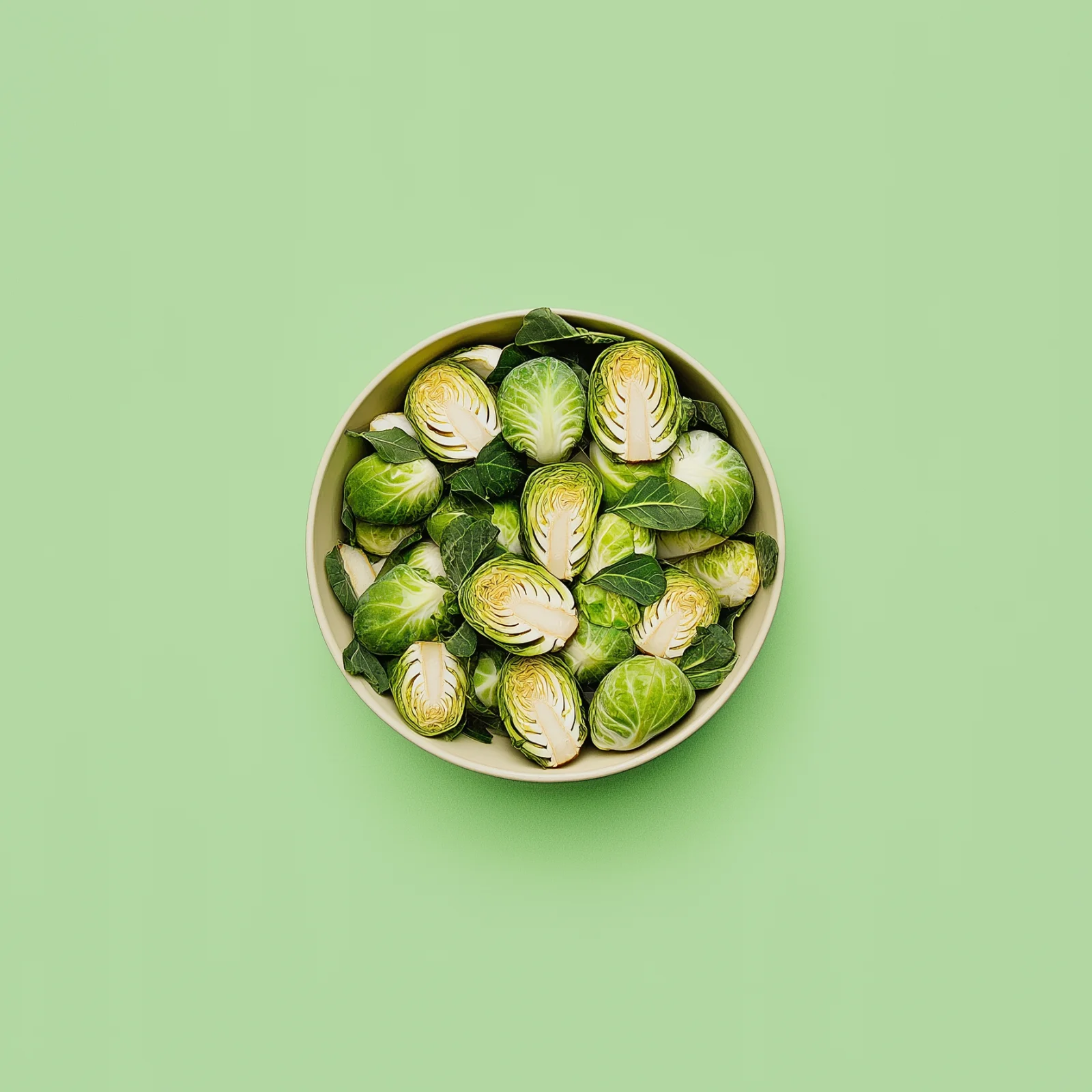 Seasonal brussels sprouts in a green bowl centered on a green backdrop