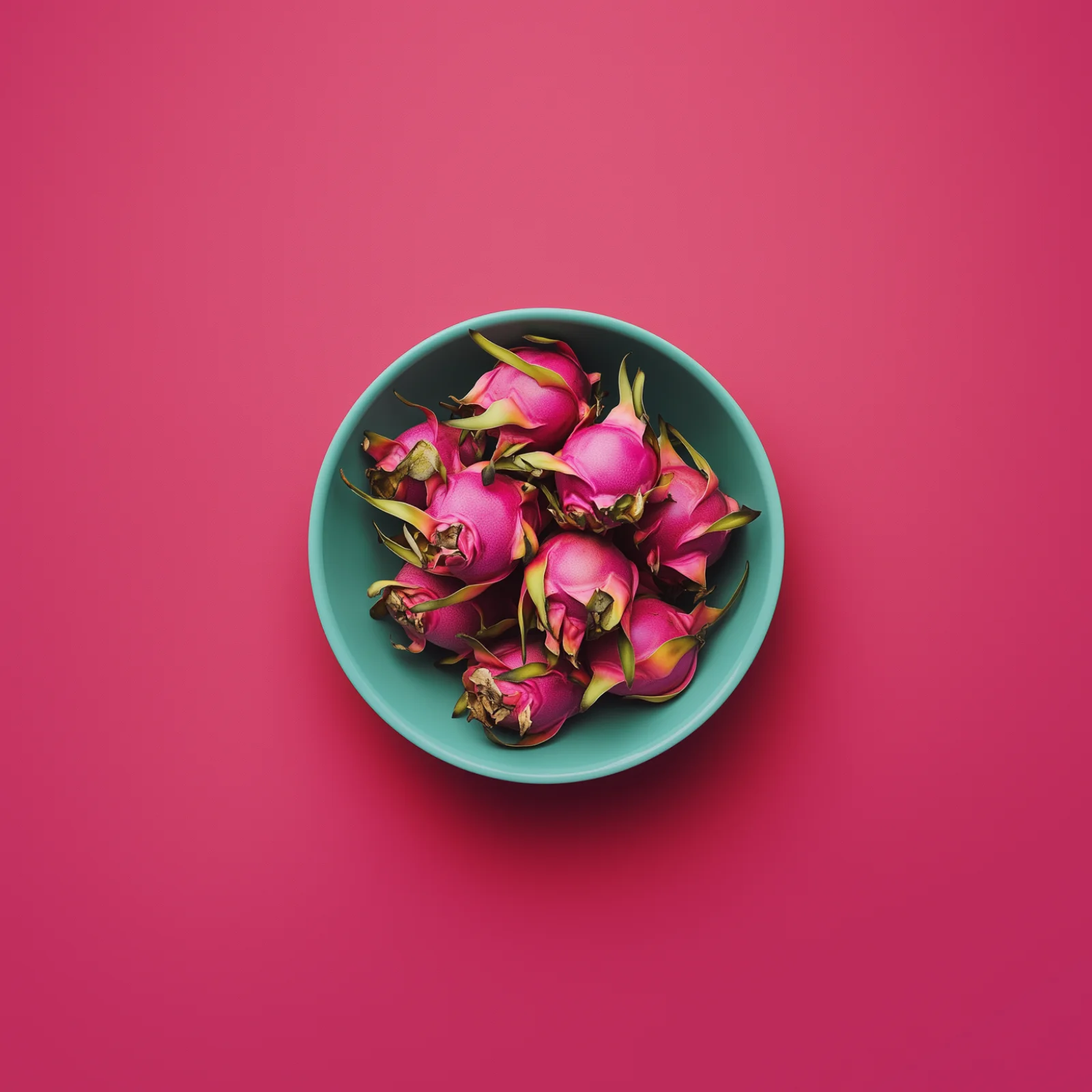 Seasonal dragon fruit in a turquoise bowl centered on a red background