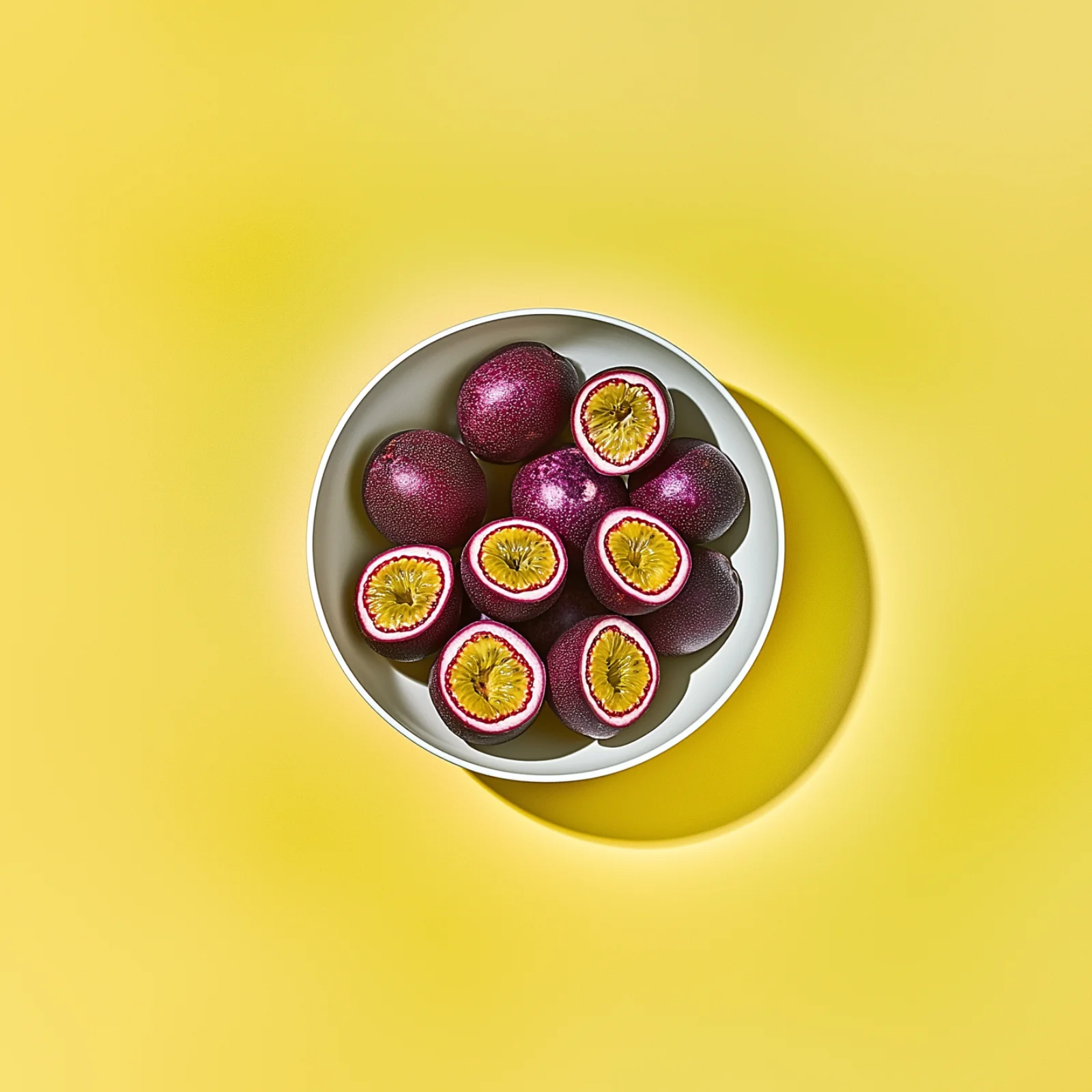 Seasonal passionfruit in a white bowl centered on a yellow background