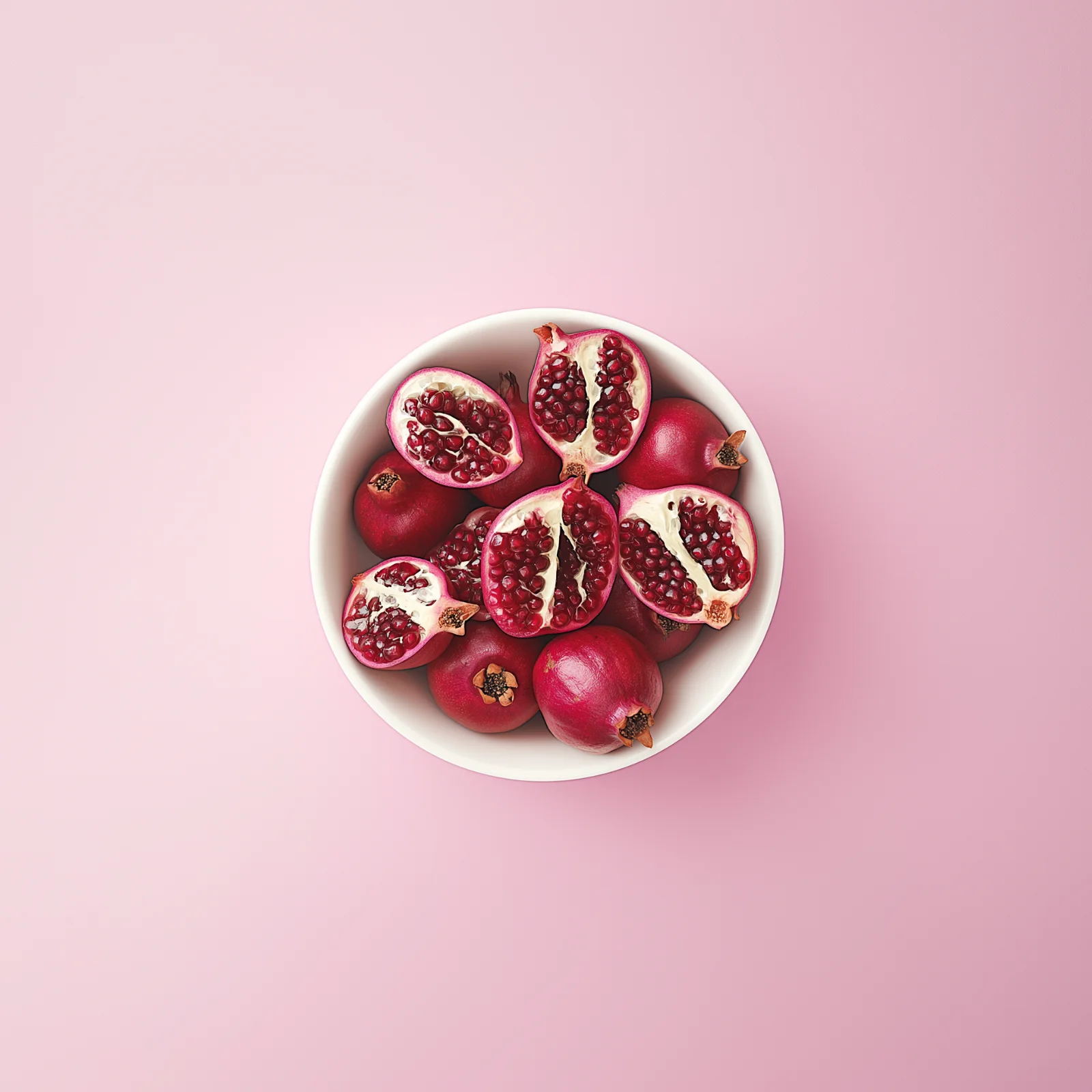 Seasonal pomegranates in a white bowl centered on a pink backdrop