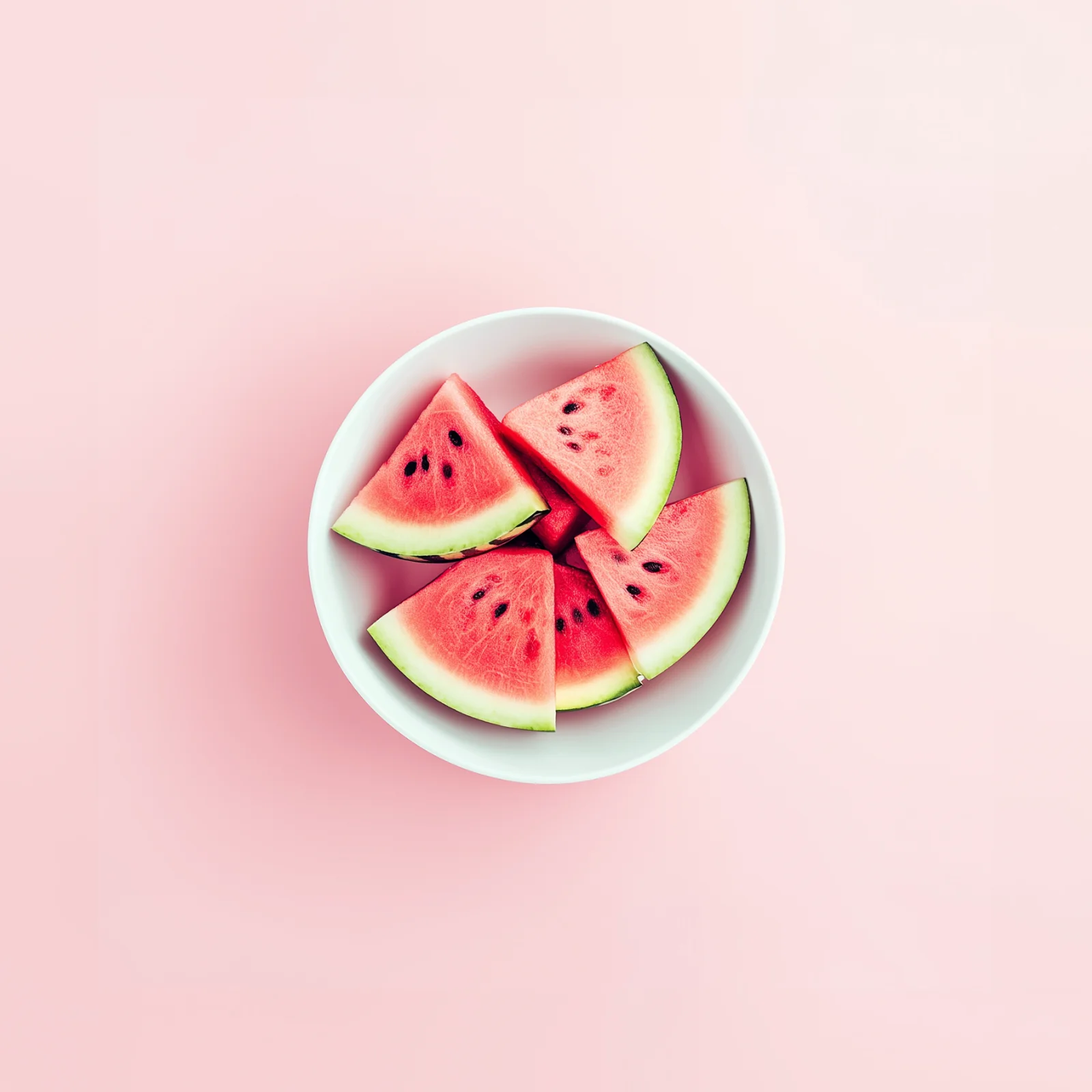 Seasonal watermelon sliced in a white bowl centered on a pink backdrop