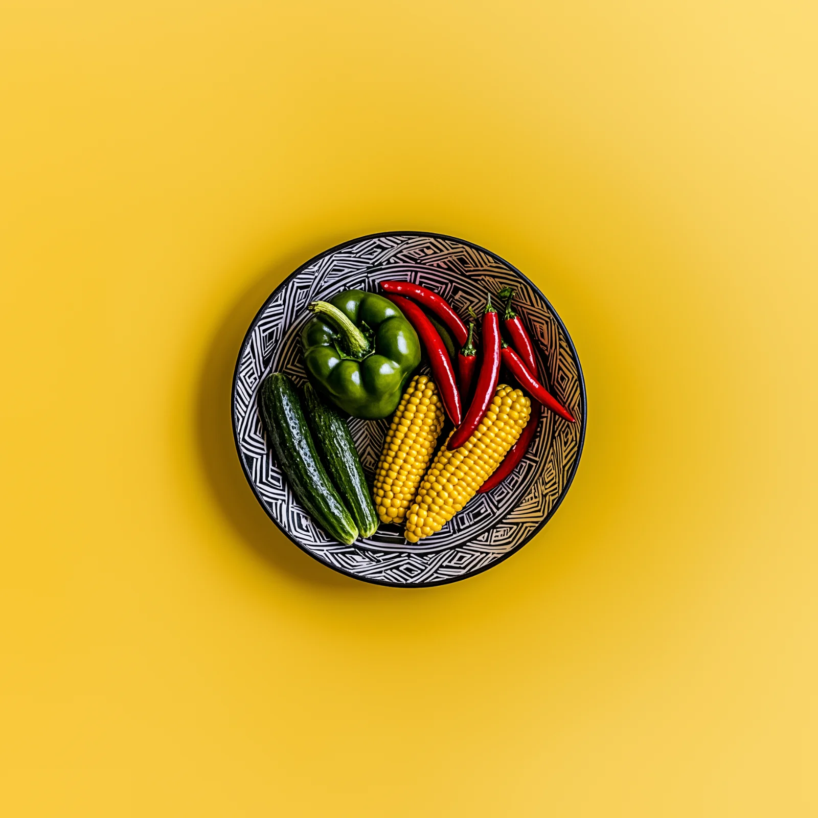 Seasonal summer vegetables on a plate on a yellow backdrop