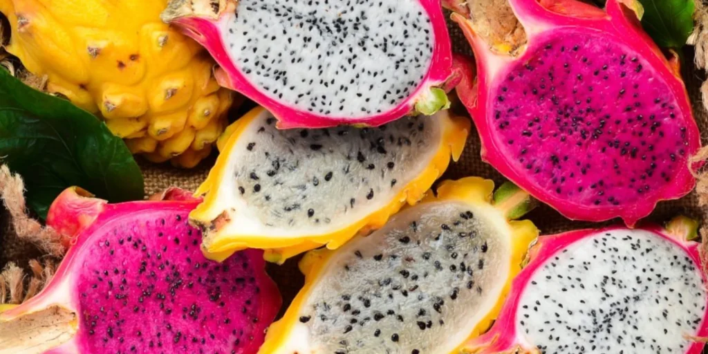 Seasonal dragon fruit varieties cut in half to show the colourful seeds