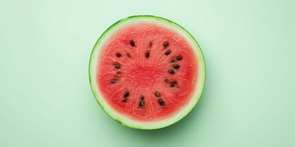 Seasonal watermelon cut in half and centered on a pale green backdrop