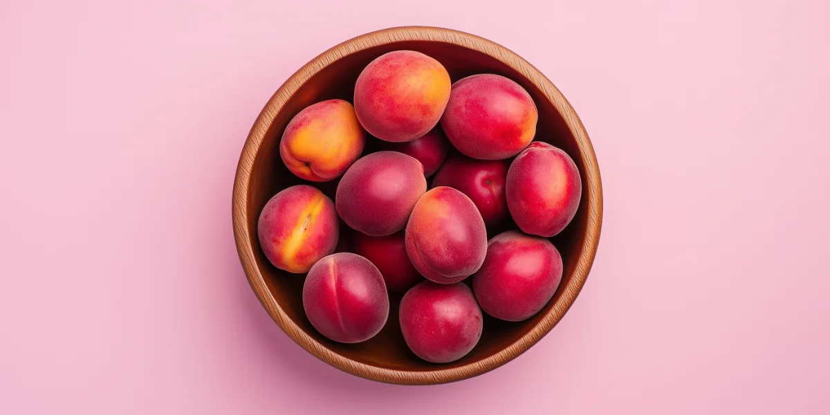 Bowl of seasonal nectarines centered on a pink backdrop