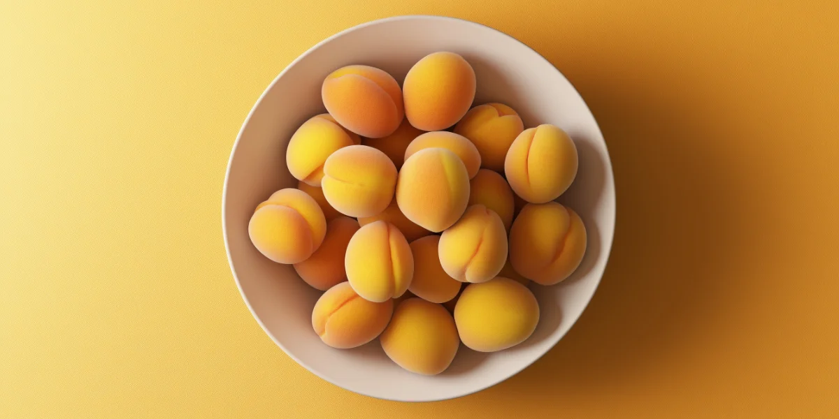 Seasonal apricots in a bowl centered on a yellow backdrop