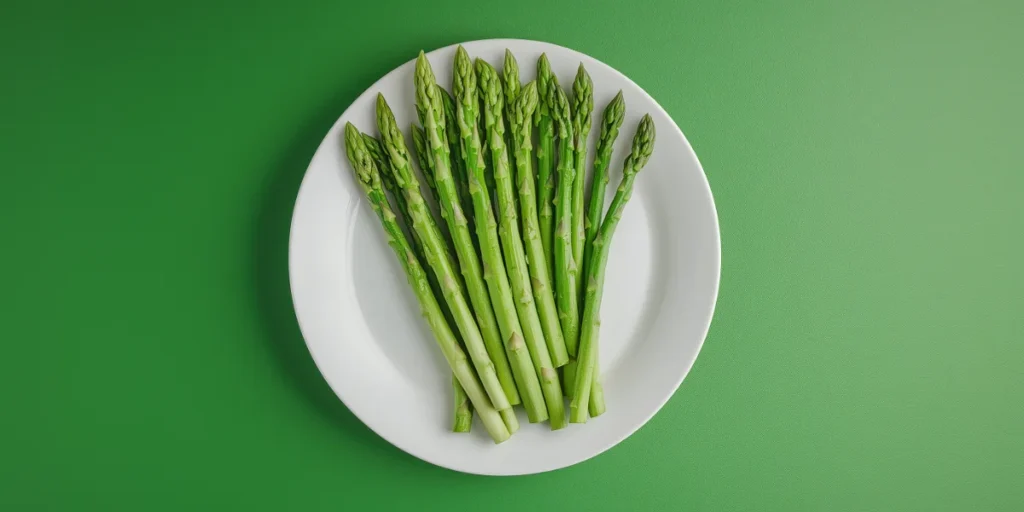 Plate of seasonal asparagus centered on a green backdrop