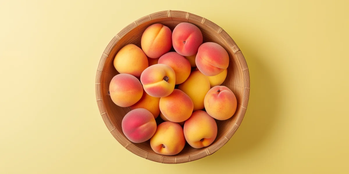 Bowl of seasonal peaches centered on a yellow backdrop