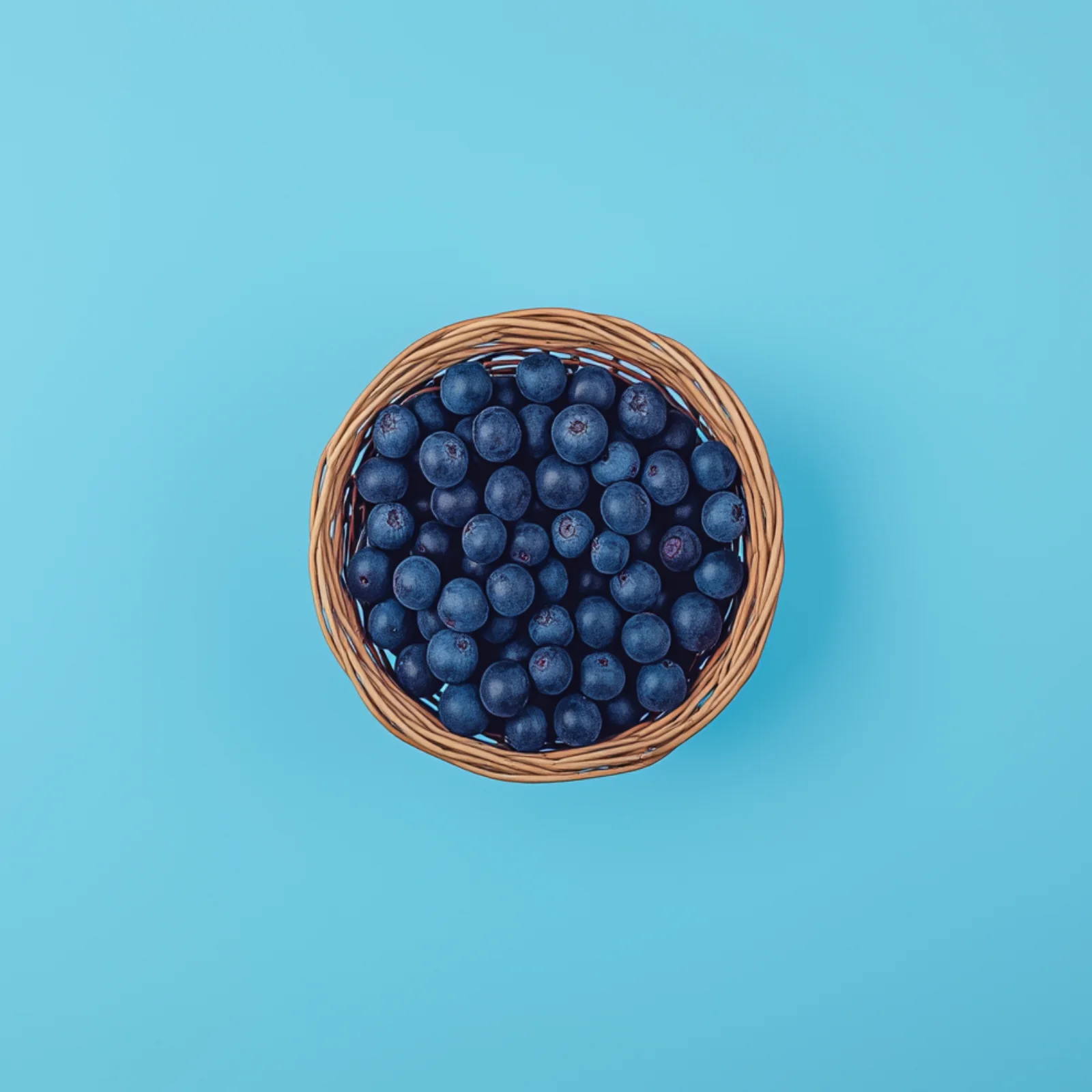 Seasonal blueberries in a wicker bowl centered on a blue backdrop