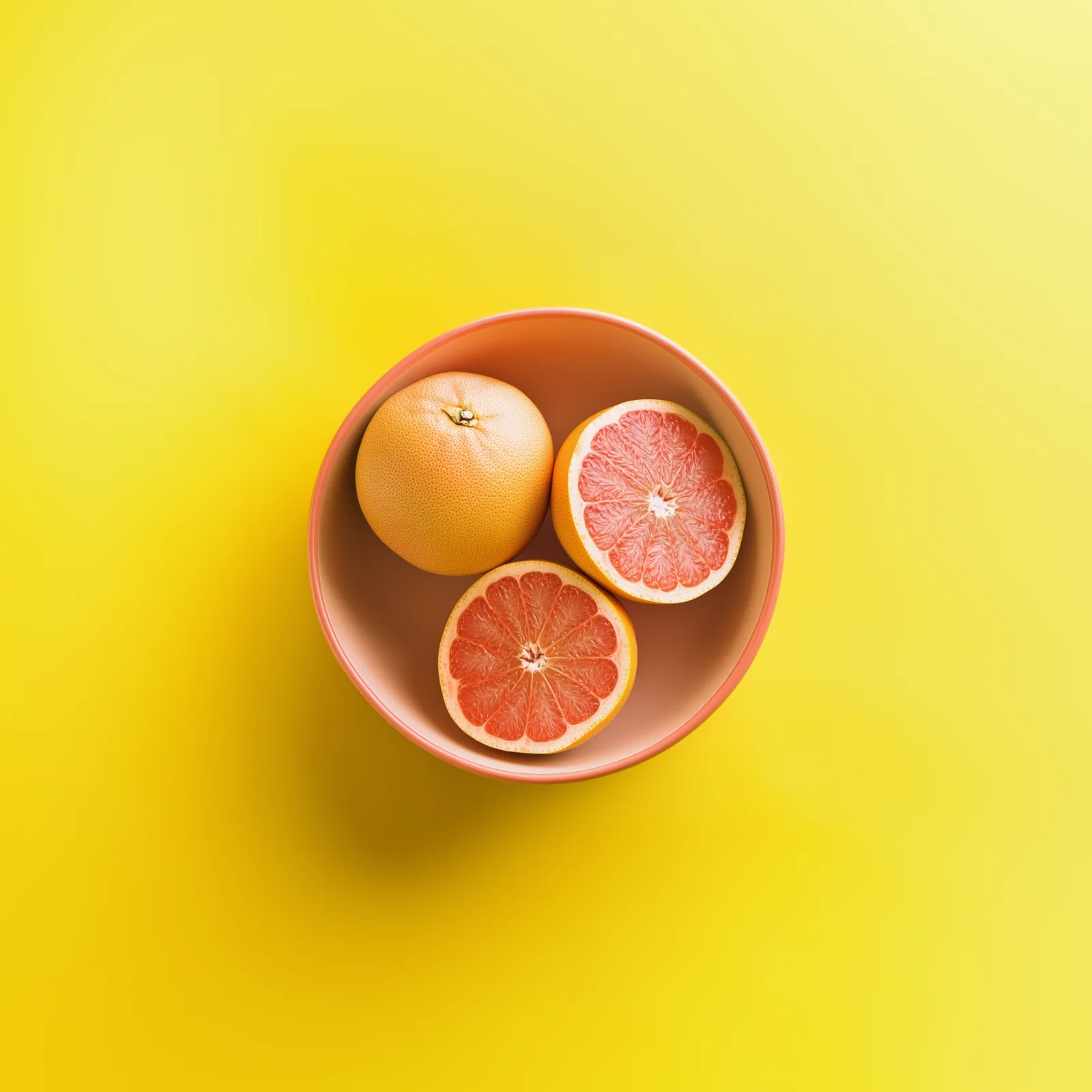 Seasonal grapefruits in a pottery bowl centered on a yellow backdrop