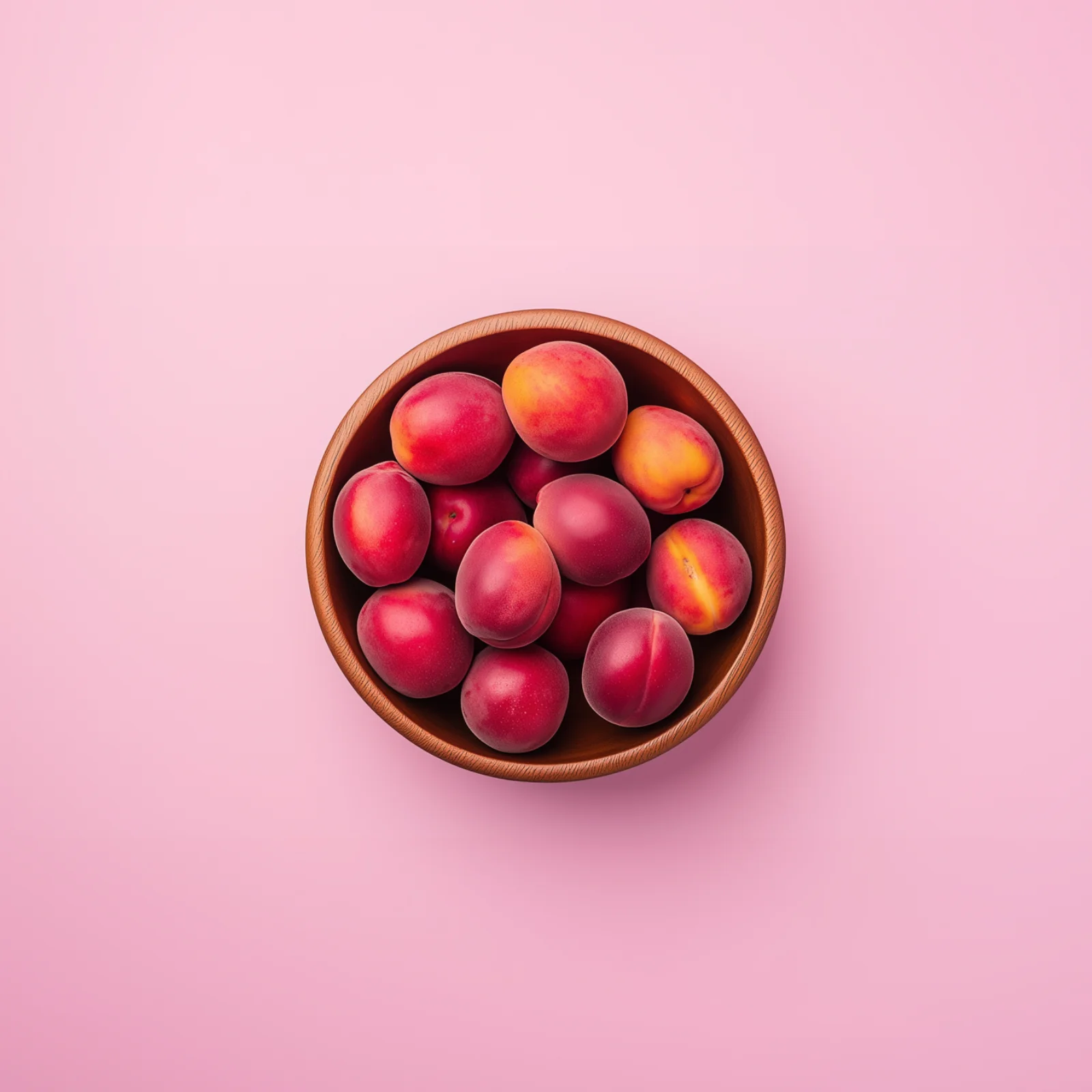 Seasonal nectarines in a wooden bowl centered on a pink backdrop