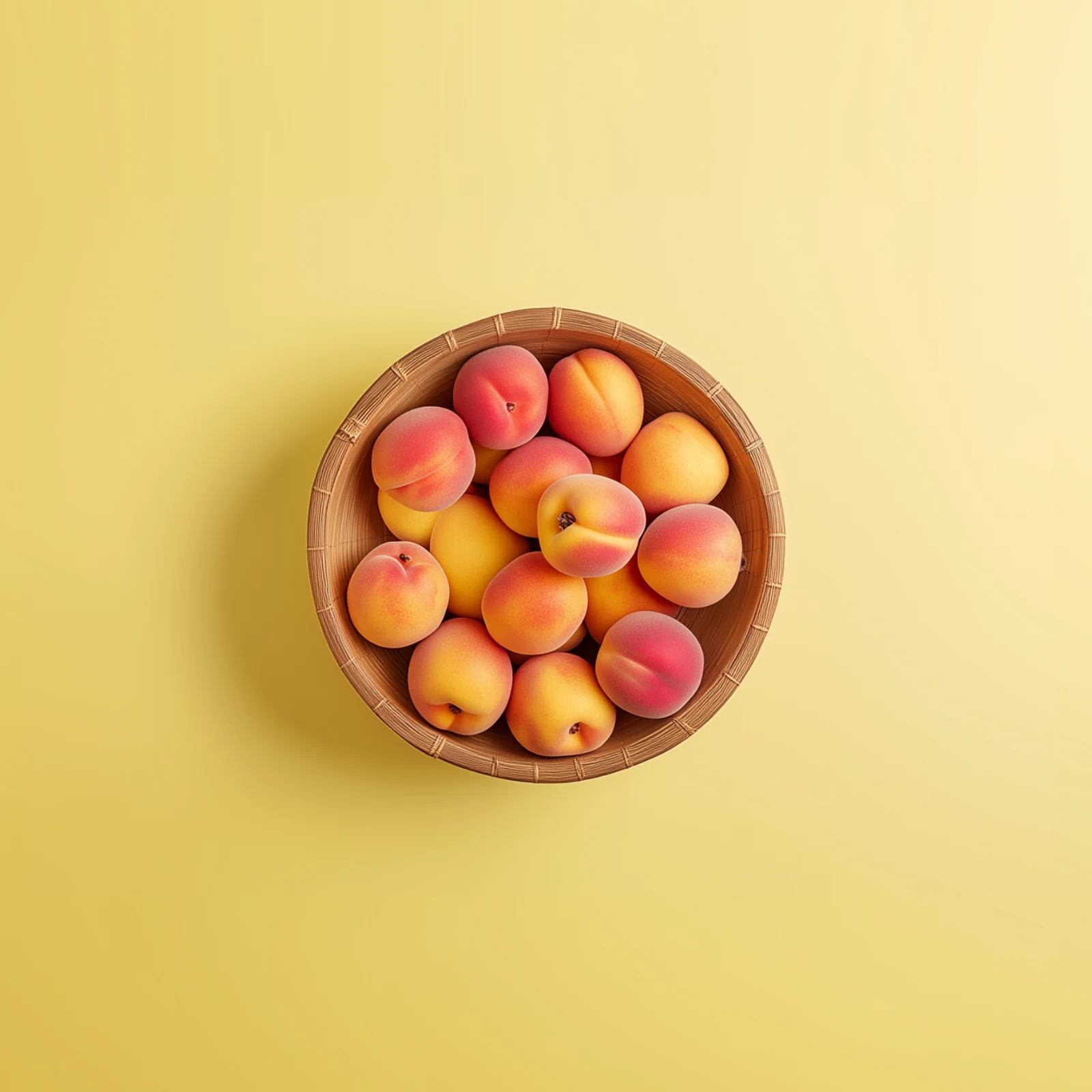 Seasonal peaches in a wooden bowl centered on a yellow backdrop