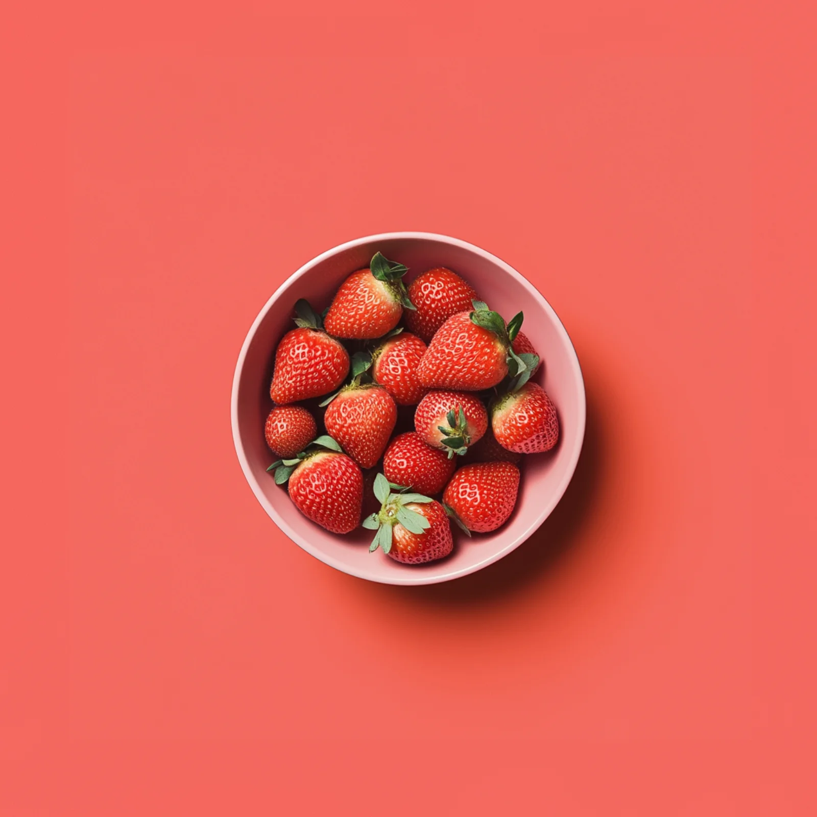 Seasonal strawberries in a pink bowl centered on a red backdrop