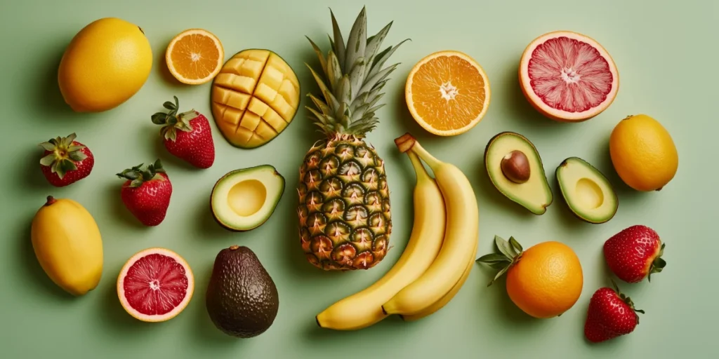 Australian spring fruits arranged in a pattern on a spring green backdrop