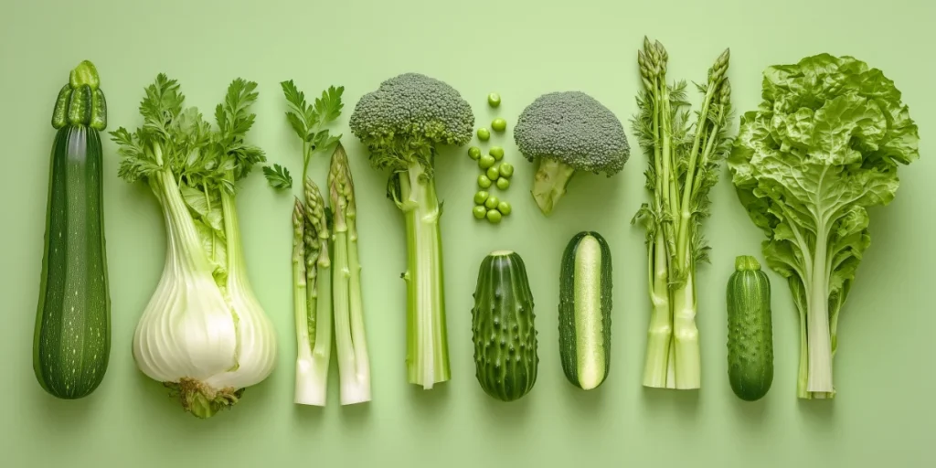 Australian spring vegetables arranged in a pattern on a spring green backdrop