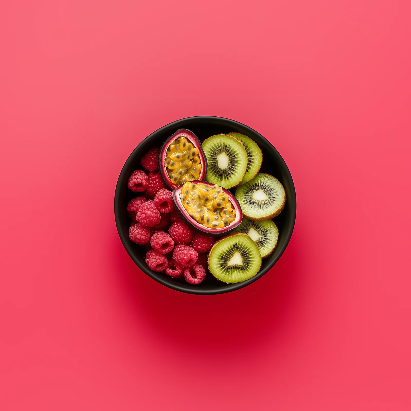 Seasonal autumn fruits in a bowl on a red backdrop