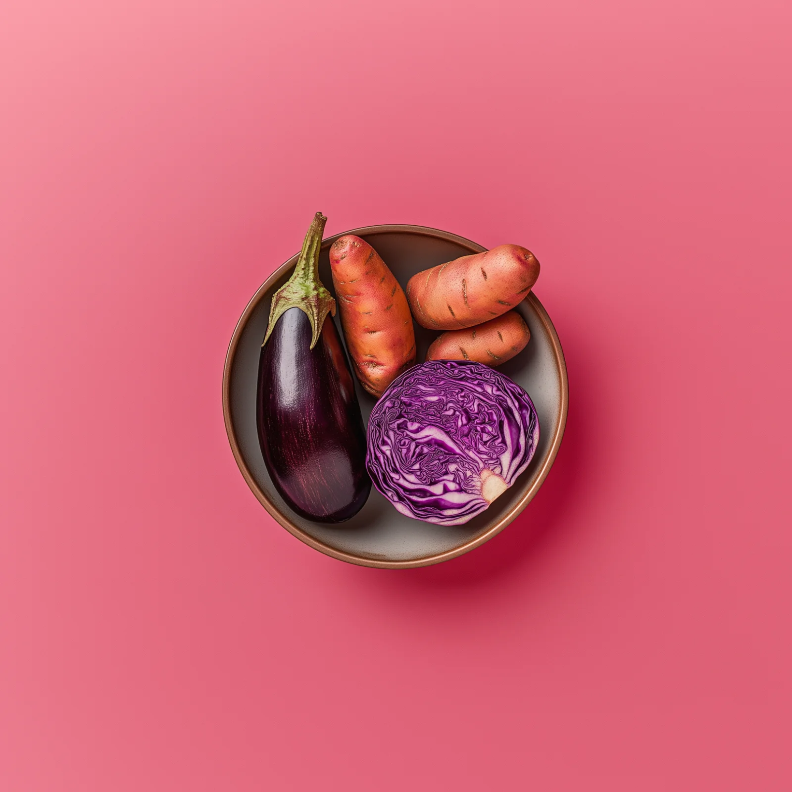 Seasonal autumn vegetables in a bowl on a red backdrop