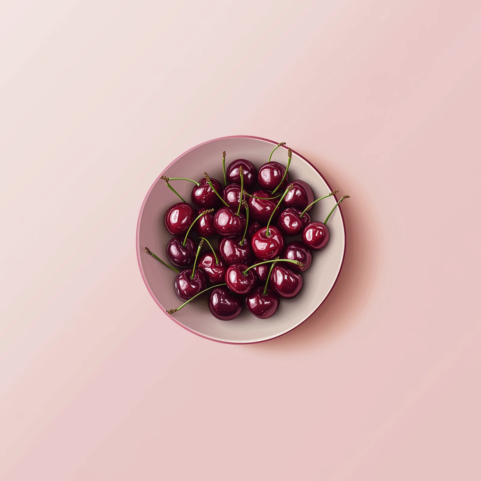 Seasonal cherries in a bowl on a light pink backdrop