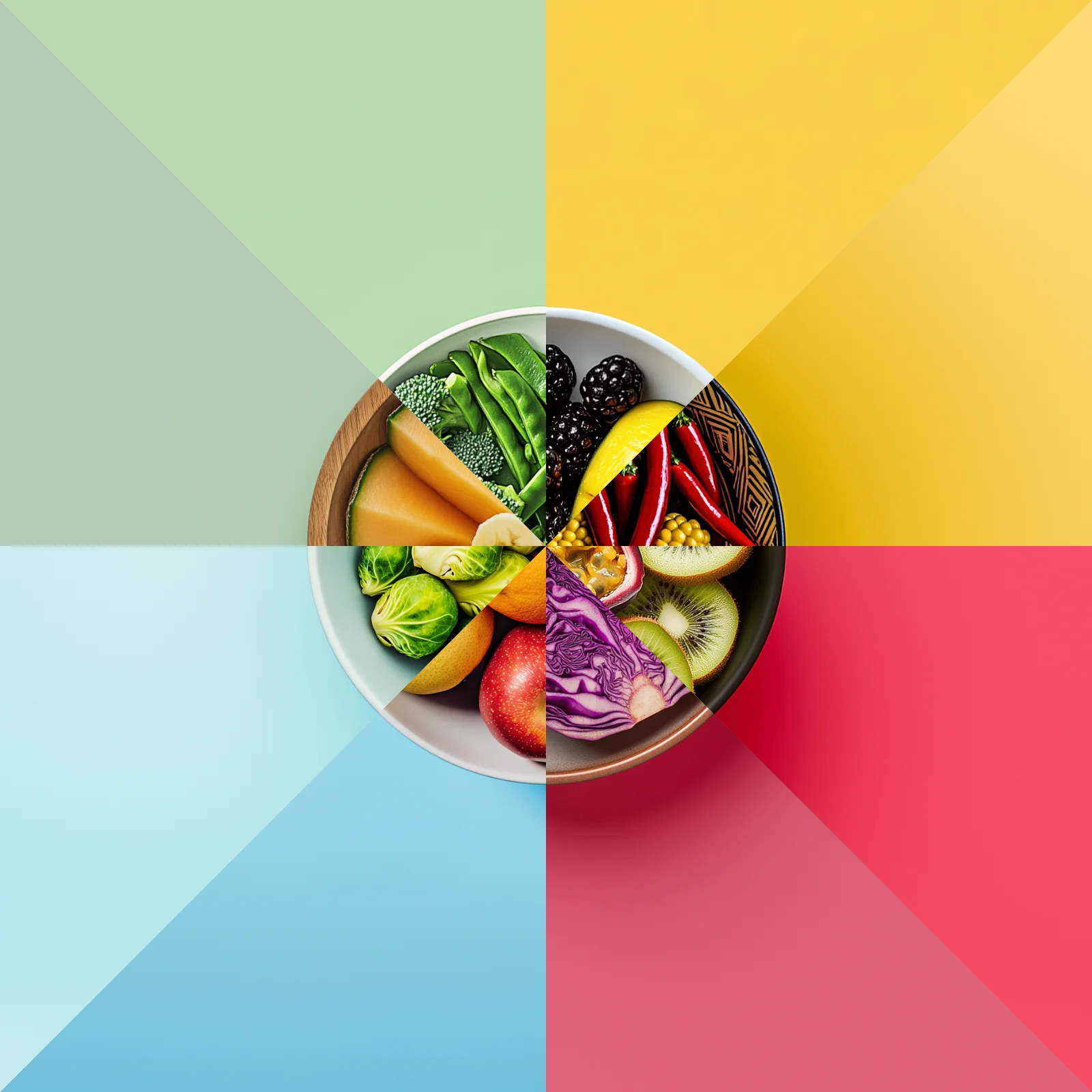 Seasonal fruits and vegetables split into 8 slices with different backgrounds to represent the four seasons