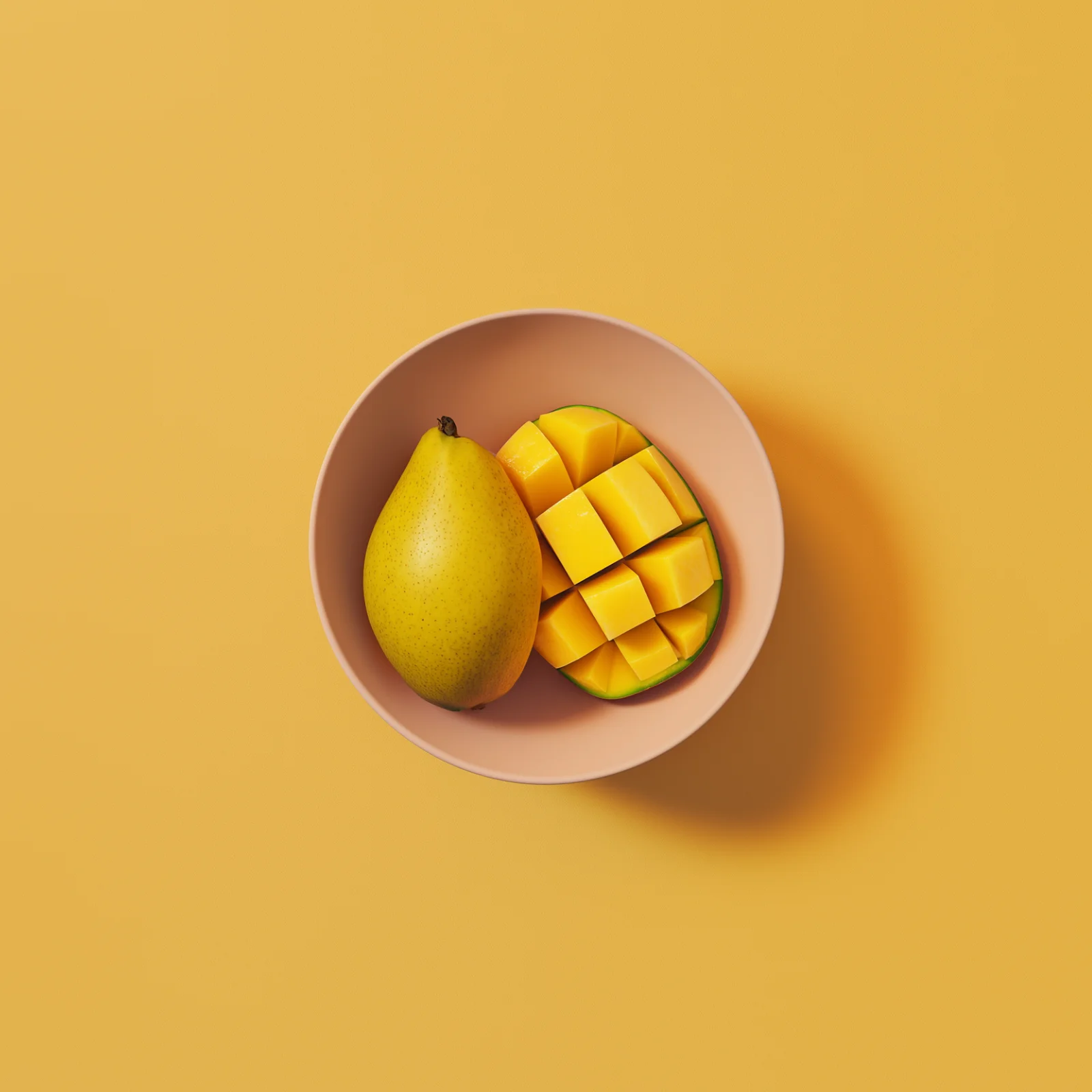 Seasonal mango halved and sliced in a peach coloured bowl centered on a yellow backdrop