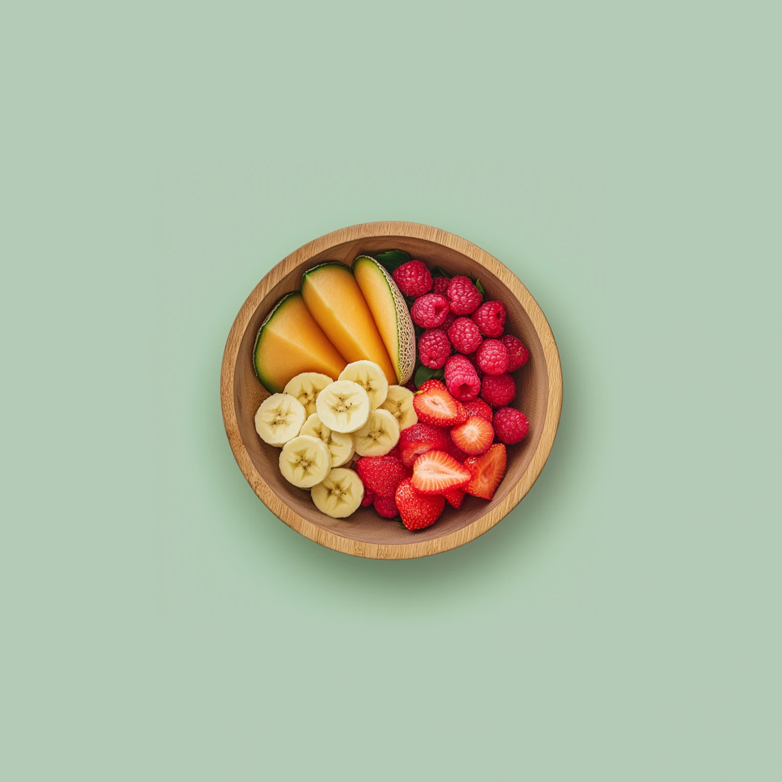 Seasonal spring fruits in a bowl on a light green backdrop