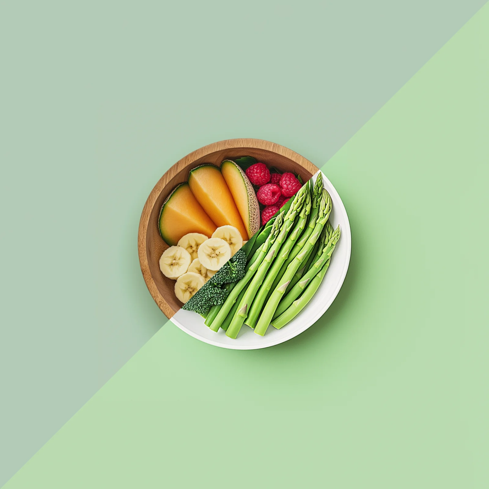 Seasonal spring fruits and vegetables each in half a bowl split diagonally on a light green backdrop