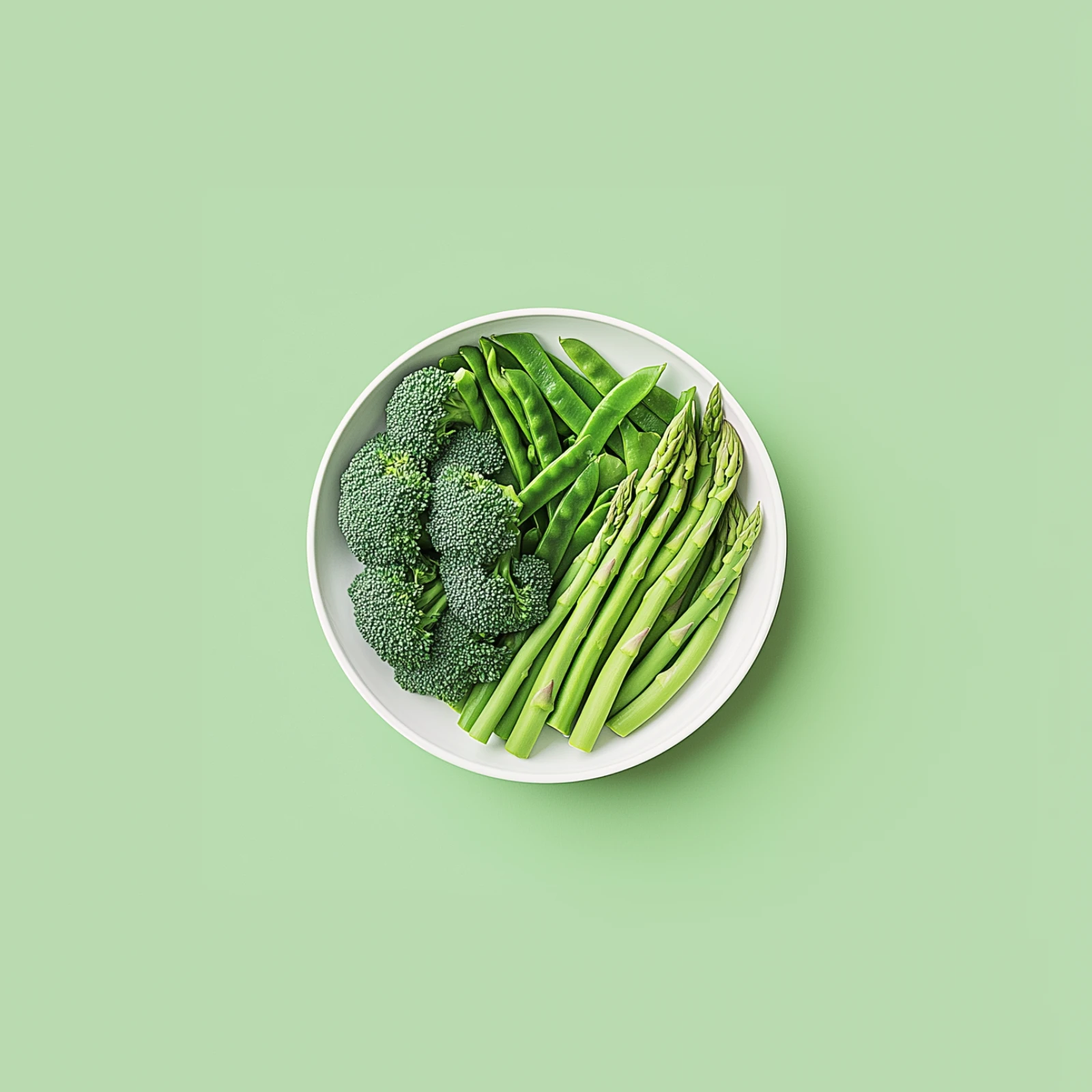 Seasonal spring vegetables on a plate on a light green backdrop