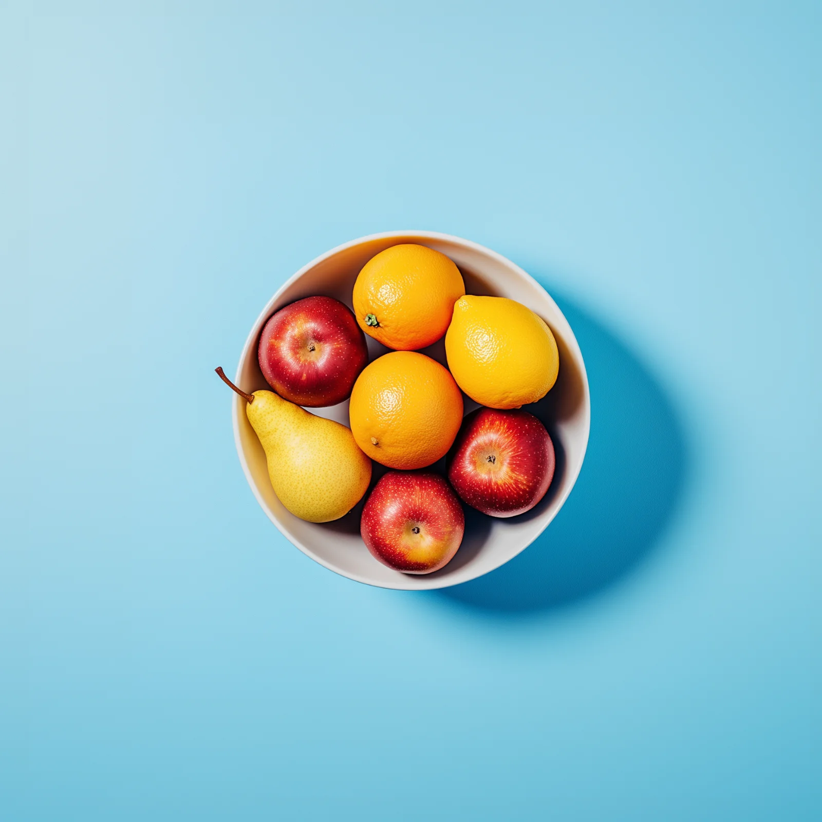 Seasonal winter fruits in a bowl on a light blue backdrop