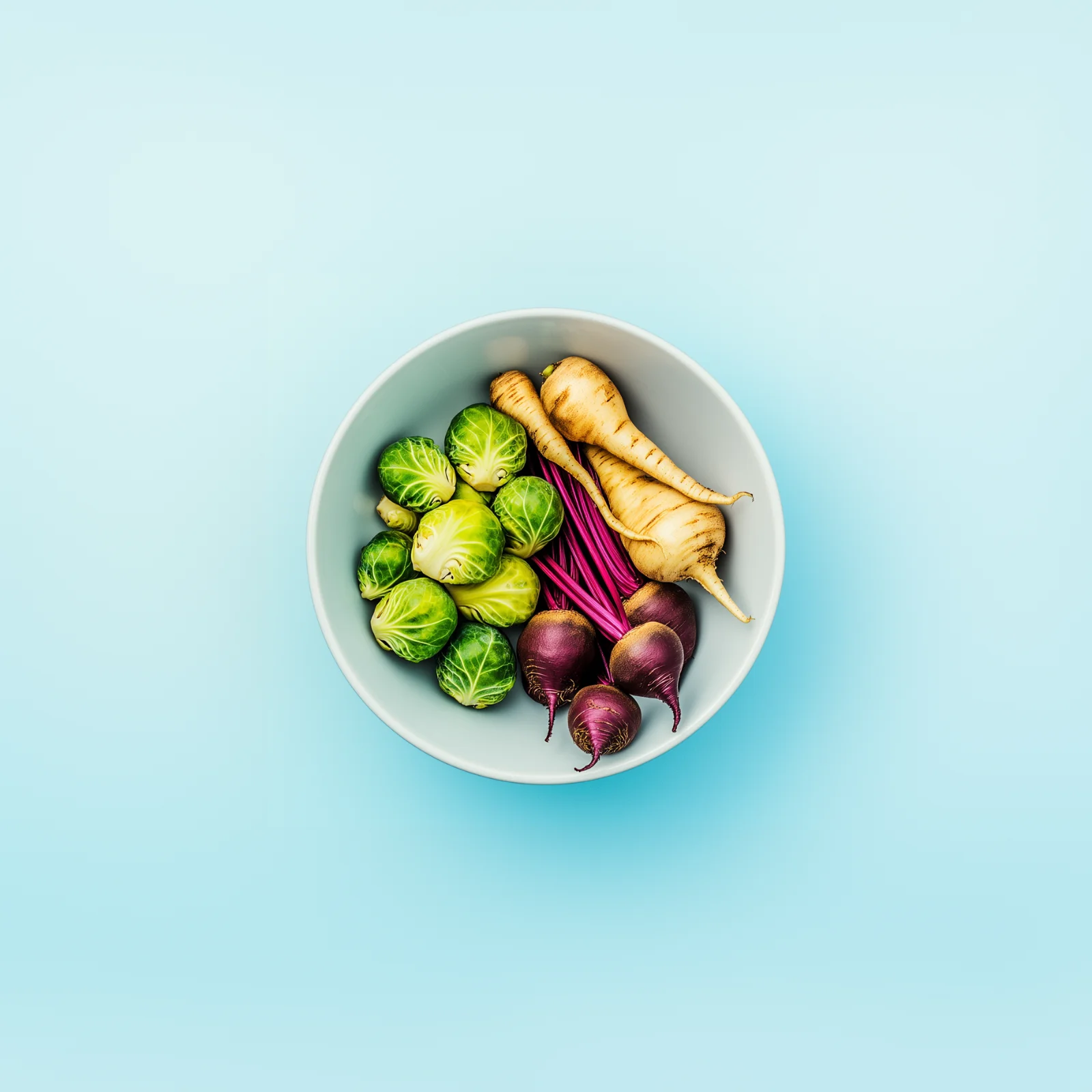 Seasonal winter vegetables in a bowl on a light blue backdrop